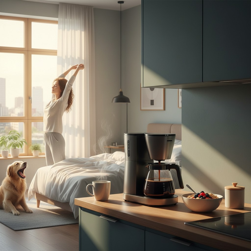 A woman with long brown hair in a white top and gray pants stretches, surrounded by her dog, in the corner of a bedroom wh...